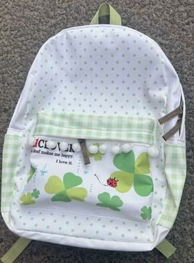 日系自制甜美可爱四叶草波点小绒球波点清新绿色大容量学生双肩包