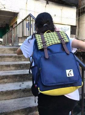 HELLOSUPPLY新款古着复古黄色格子拼接蓝色帆布原创大容量双肩包
