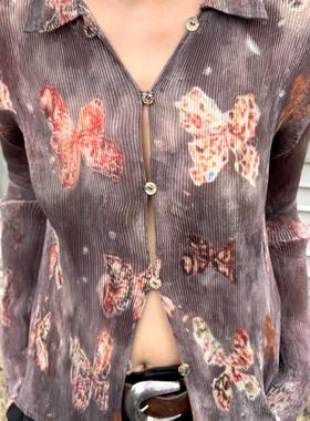 T Lonely1褶皱修身复古印花长袖衬衣