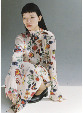 TLonely1长袖打底褶皱印花立领长袖套头碎花长袖T恤