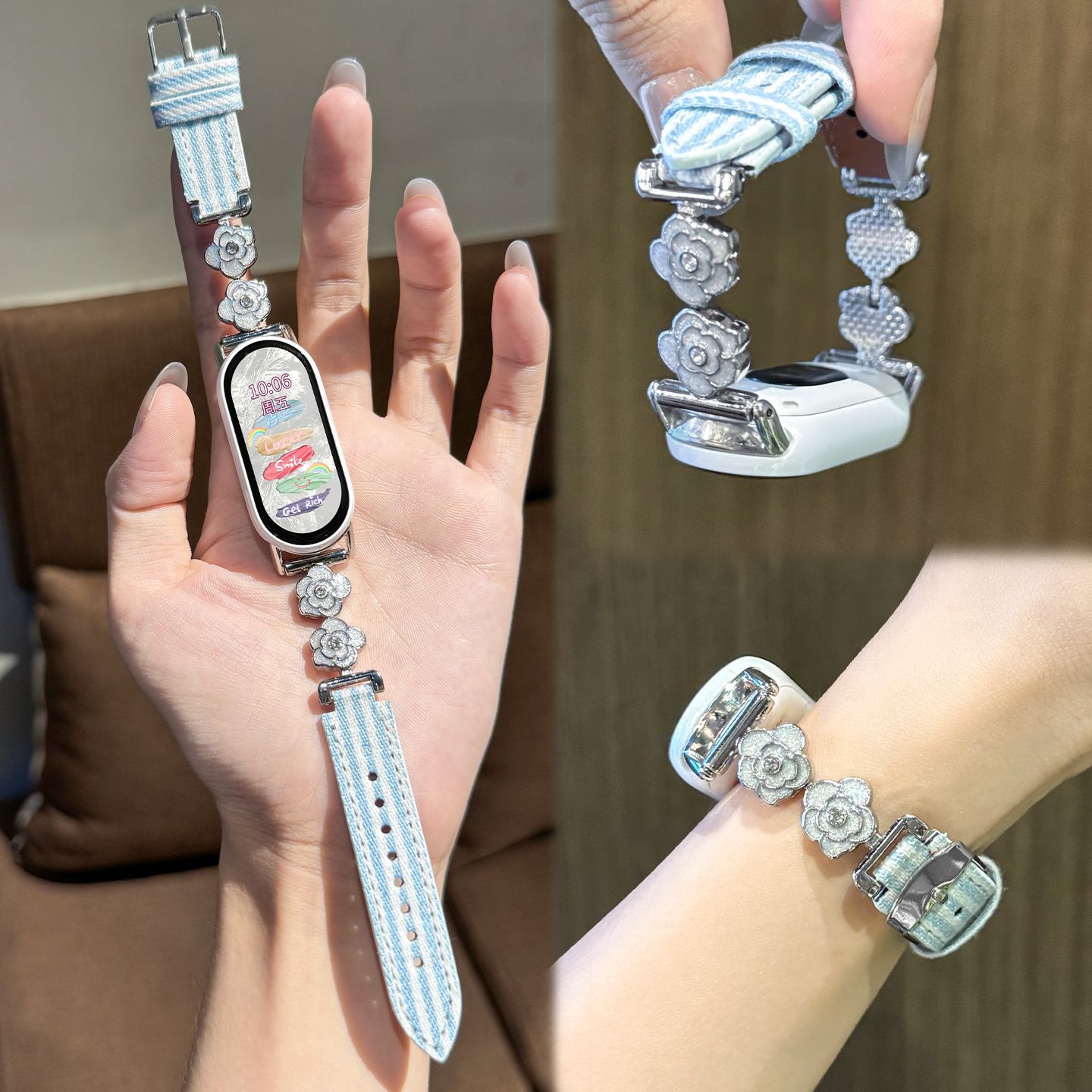 适用镶钻山茶花适用小米手环10表带拼皮8/9陶瓷版通用星星NFC版个