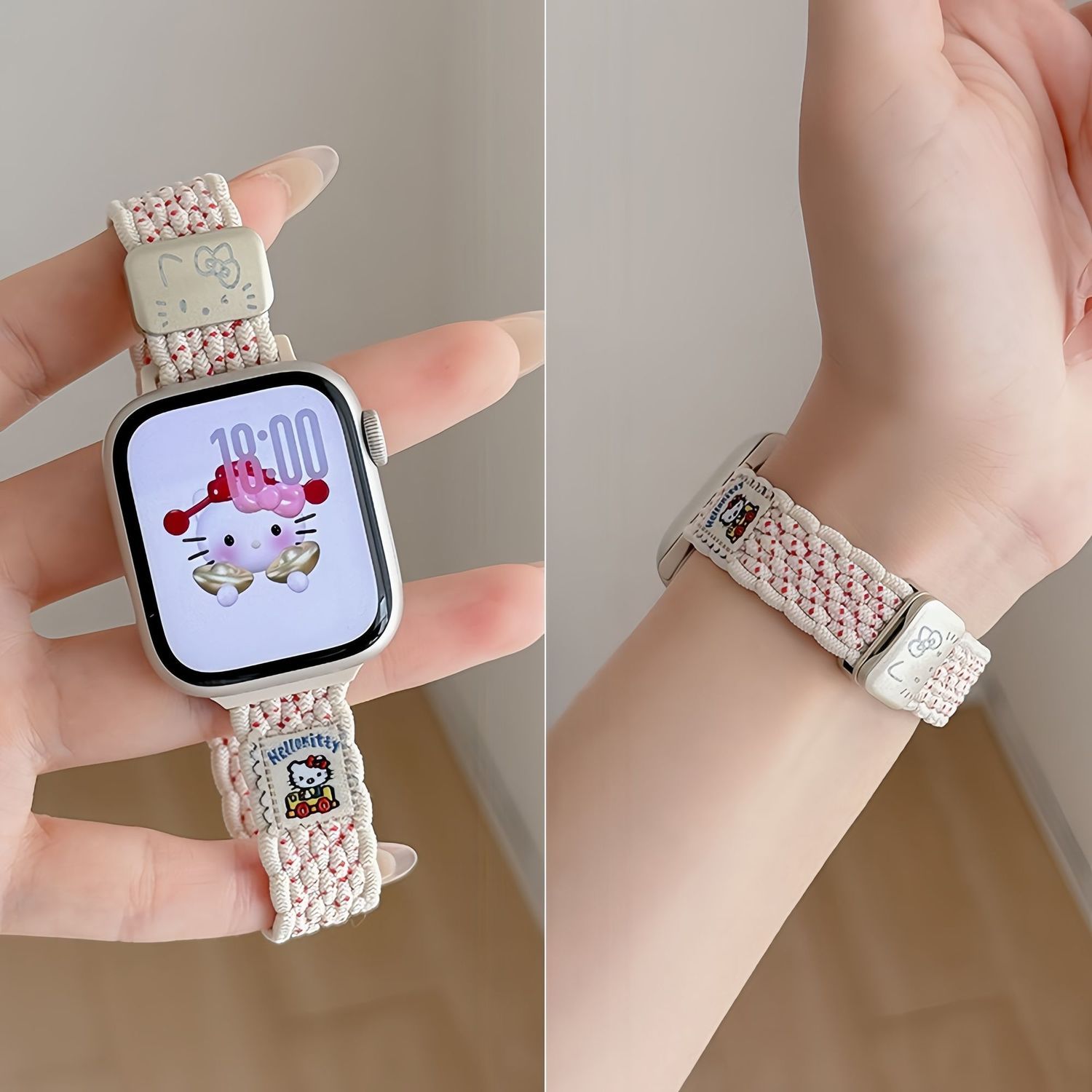 适用于iwatch苹果手表华强北S10可爱KT猫小蛮腰编织尼龙磁吸表带