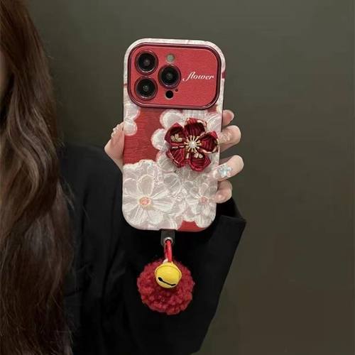 新款繁花立体花朵iPhone13pro手机壳苹果14pro喜庆15promax新年红