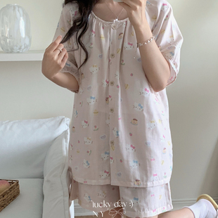 家居服 木悠夏季 免穿bra胸垫款 有氧双层纱睡衣女甜美少女短袖 短裤