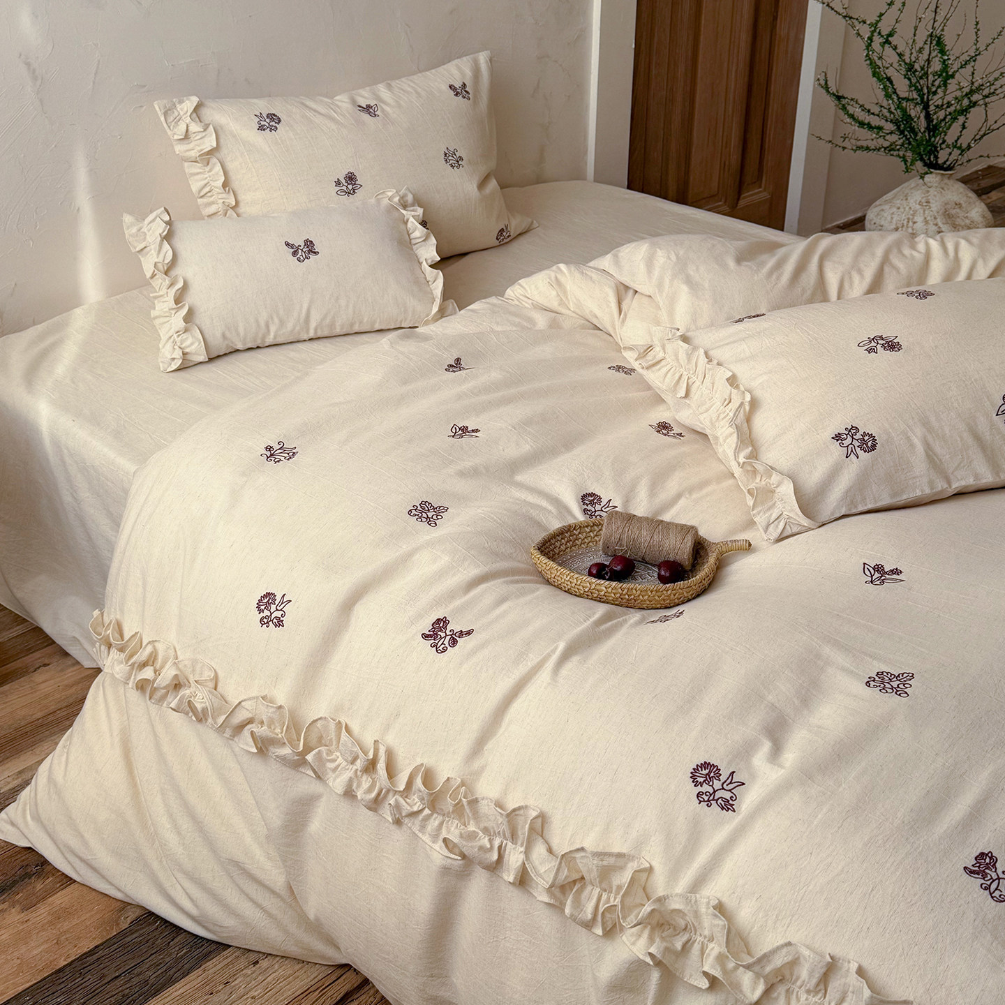 木悠2026新款色织棉麻花卉刺绣四件套亚麻被套床单少女心床上用品