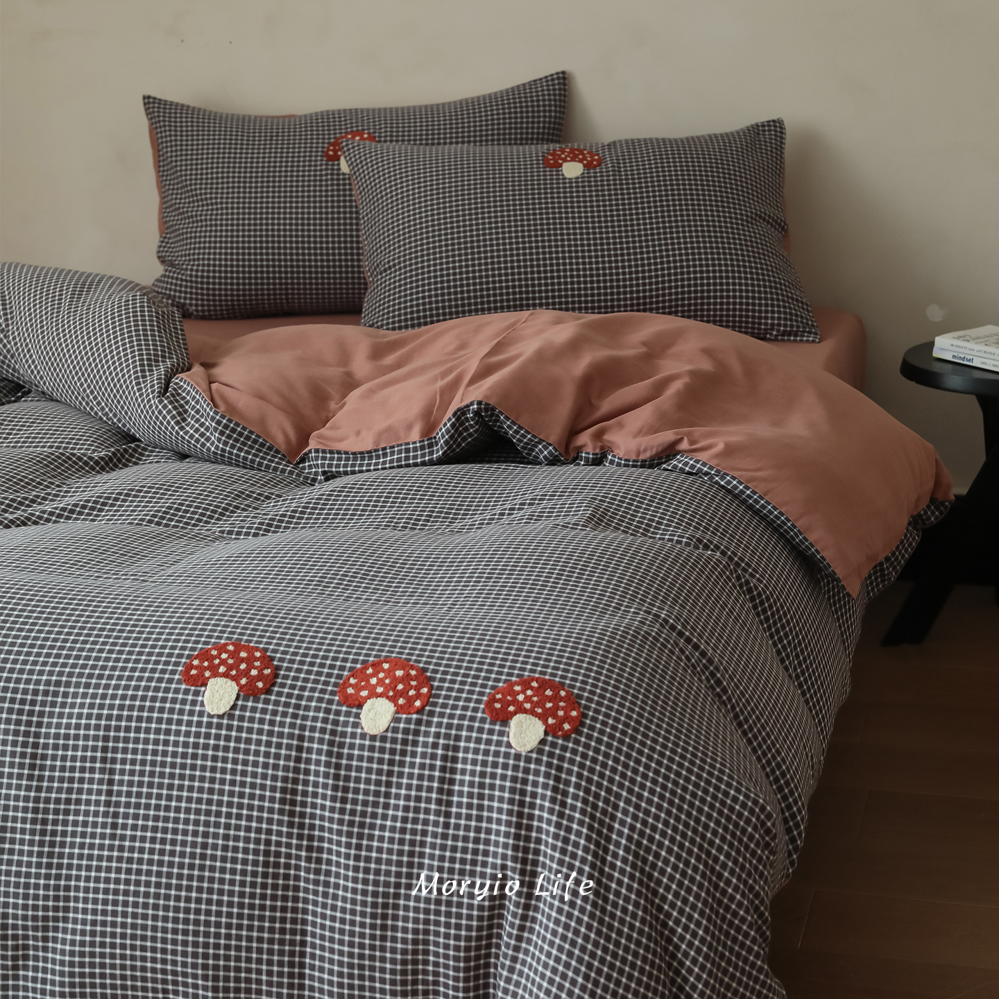 木悠黑色格子ins蘑菇毛巾绣全棉双层纱四件套裸睡纯棉被套床单