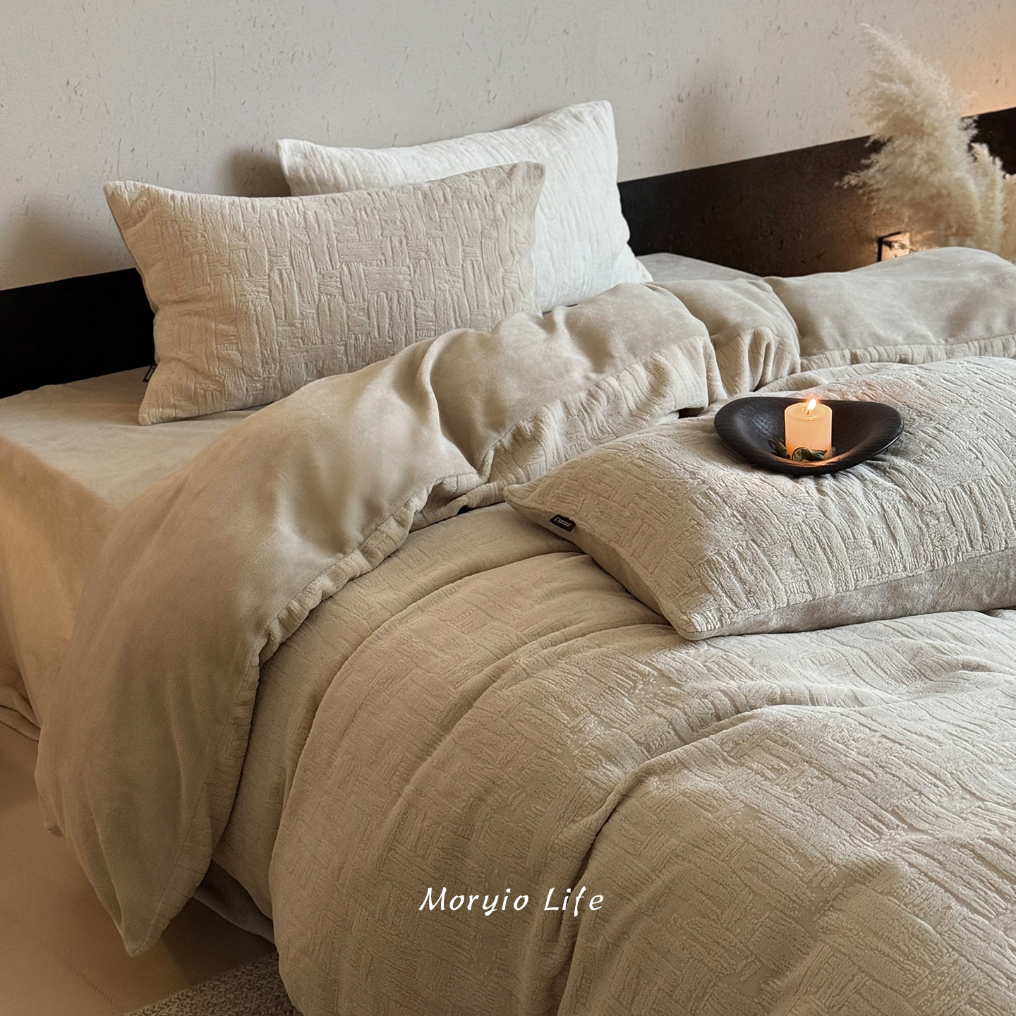 木悠简约复古雕花牛奶绒四件套秋冬加厚保暖珊瑚绒被套床单床笠