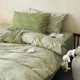木悠清新绿中古风60支色织提花全棉四件套纯棉简约被套床单1.8m