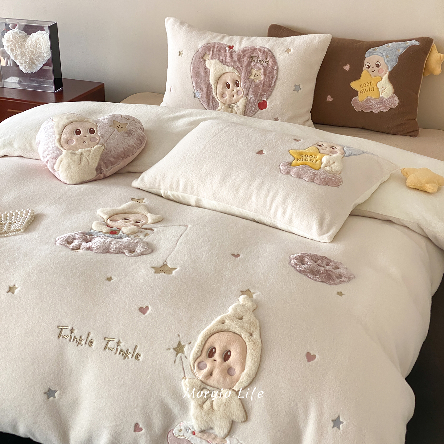 木悠萌趣可爱贴布刺绣仿羊毛绒牛奶绒四件套冬季加厚保暖被套床单