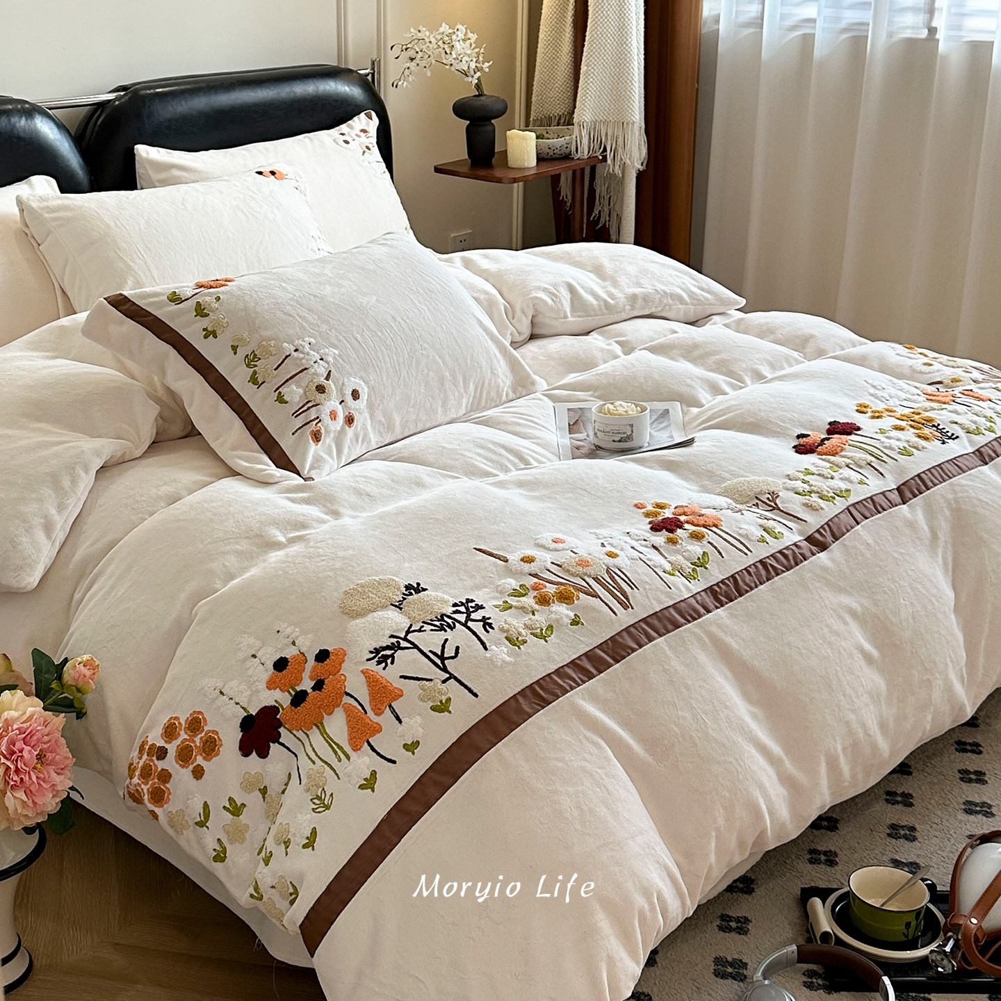 木悠小清新田园风花卉毛巾绣秋冬保暖牛奶绒四件套珊瑚绒被套床单,床上用品,床品套件/四件套/多件套,淘宝优惠券,粉丝福利购,淘宝优惠卷