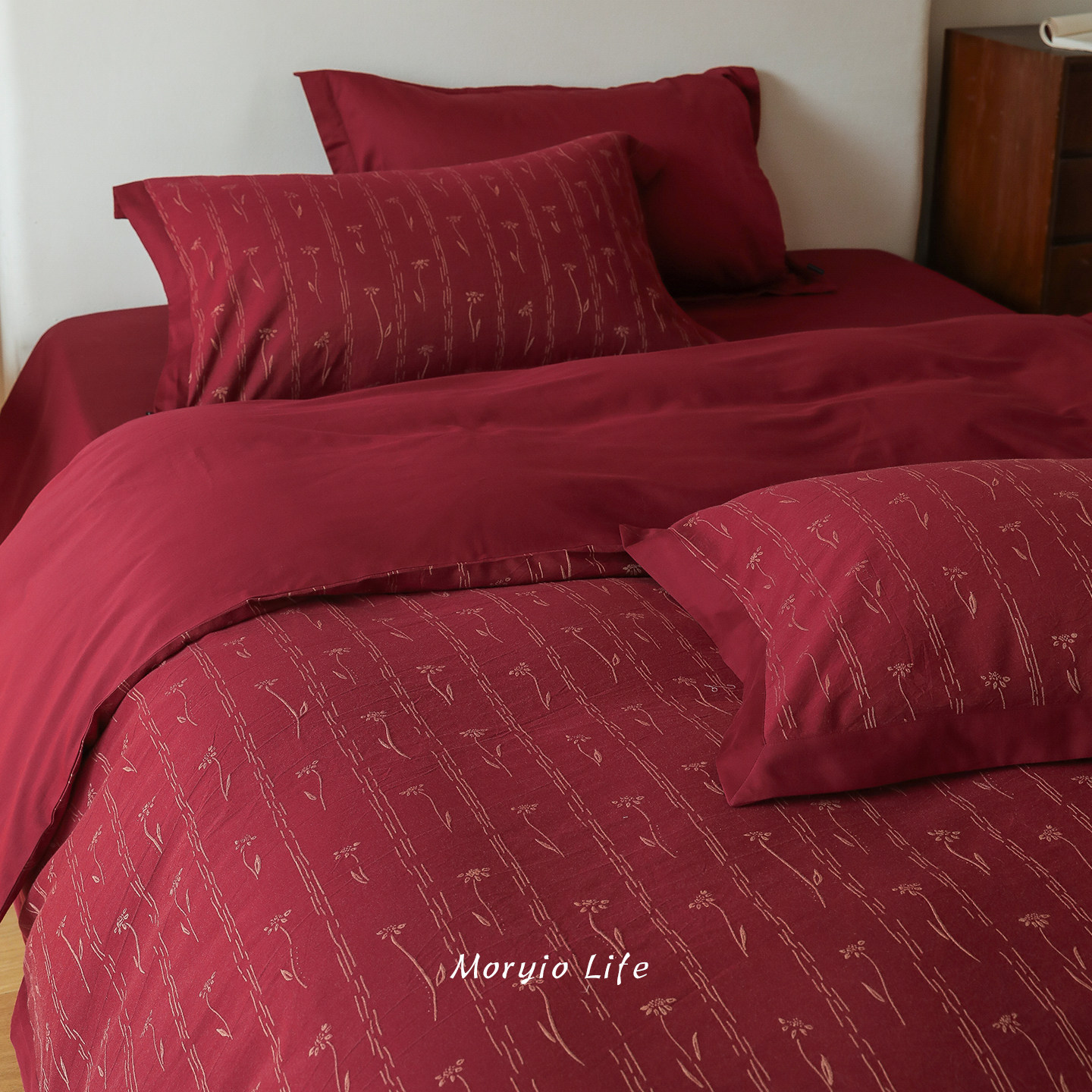 木悠渐变金丝立体浮雕色织提花全棉四件套红色婚庆款纯棉被套床单,床上用品,床品套件/四件套/多件套,淘宝优惠券,粉丝福利购,淘宝优惠卷