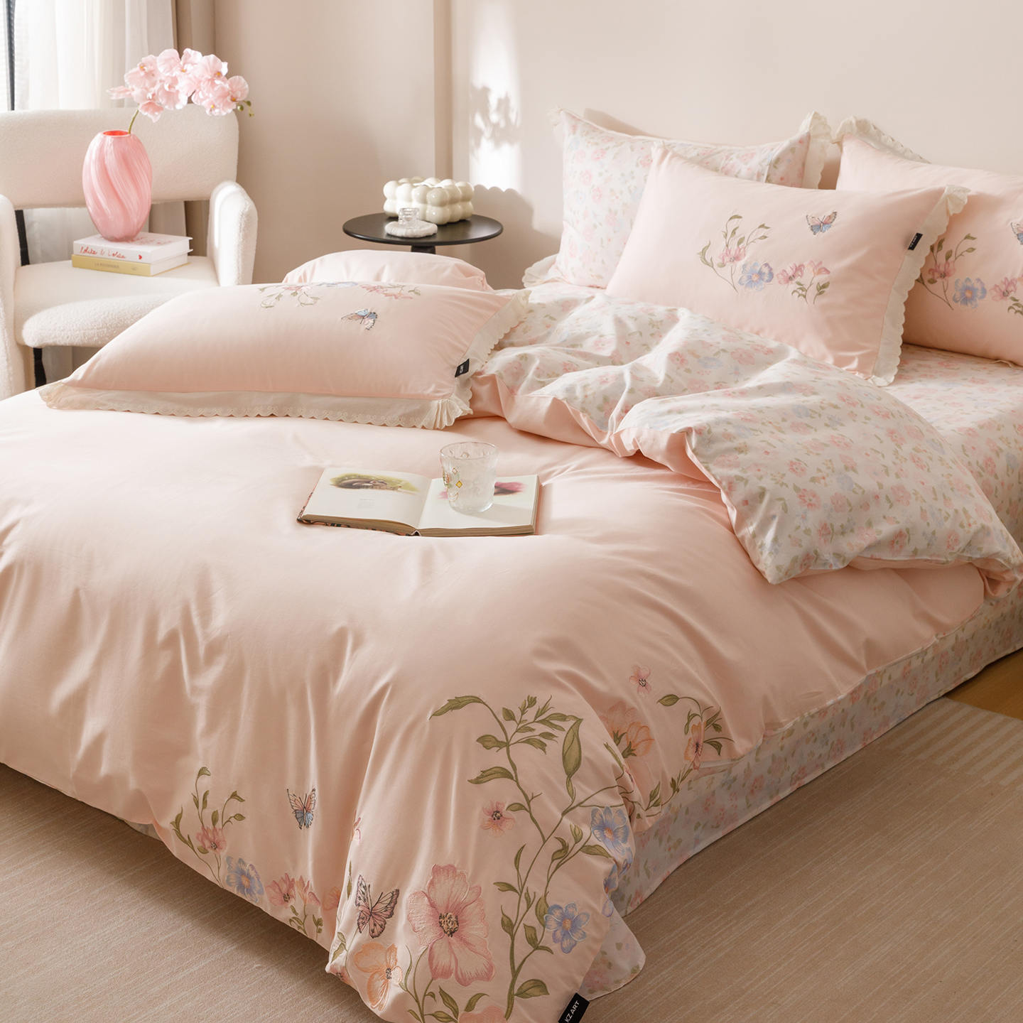 木悠田园风小清新花卉刺绣印花全棉四件套纯棉被套床单床上用品