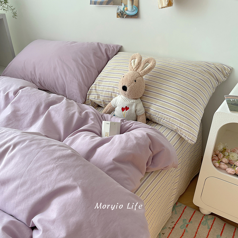 木悠ins风简约撞色全棉水洗棉四件套纯棉被套床单宿舍床上三件套