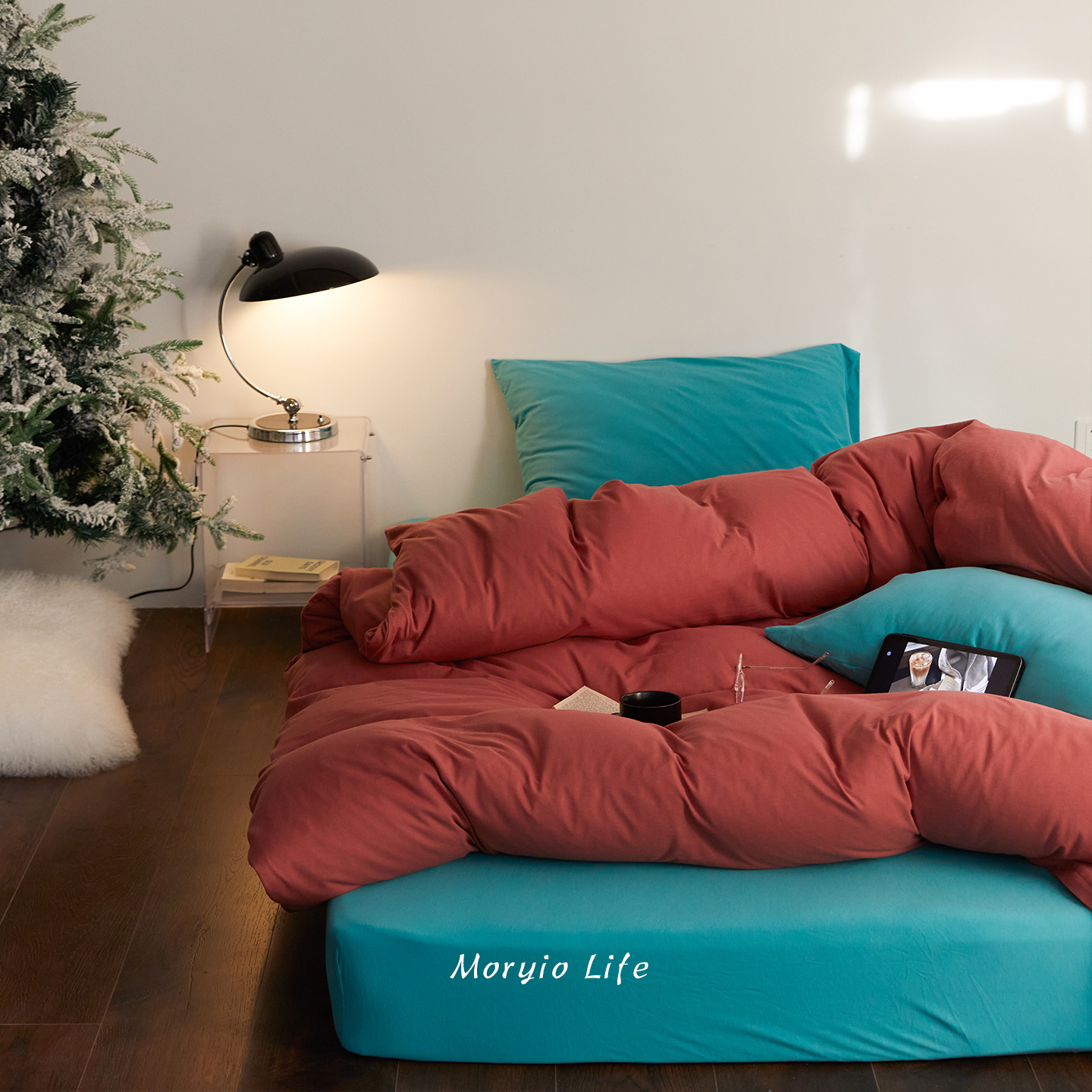 木悠圣诞限定款撞色全棉针织棉四件套超柔亲肤裸睡天竺棉被套床单