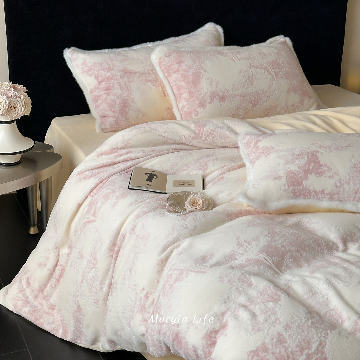 木悠莫奈水墨画立体雕花牛奶绒四件套珊瑚绒秋冬保暖被套床单床笠