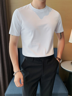 修身 短袖 夏季 潮 T恤男纯色圆领冰丝滑料半袖 冰感丝光棉白色打底衫