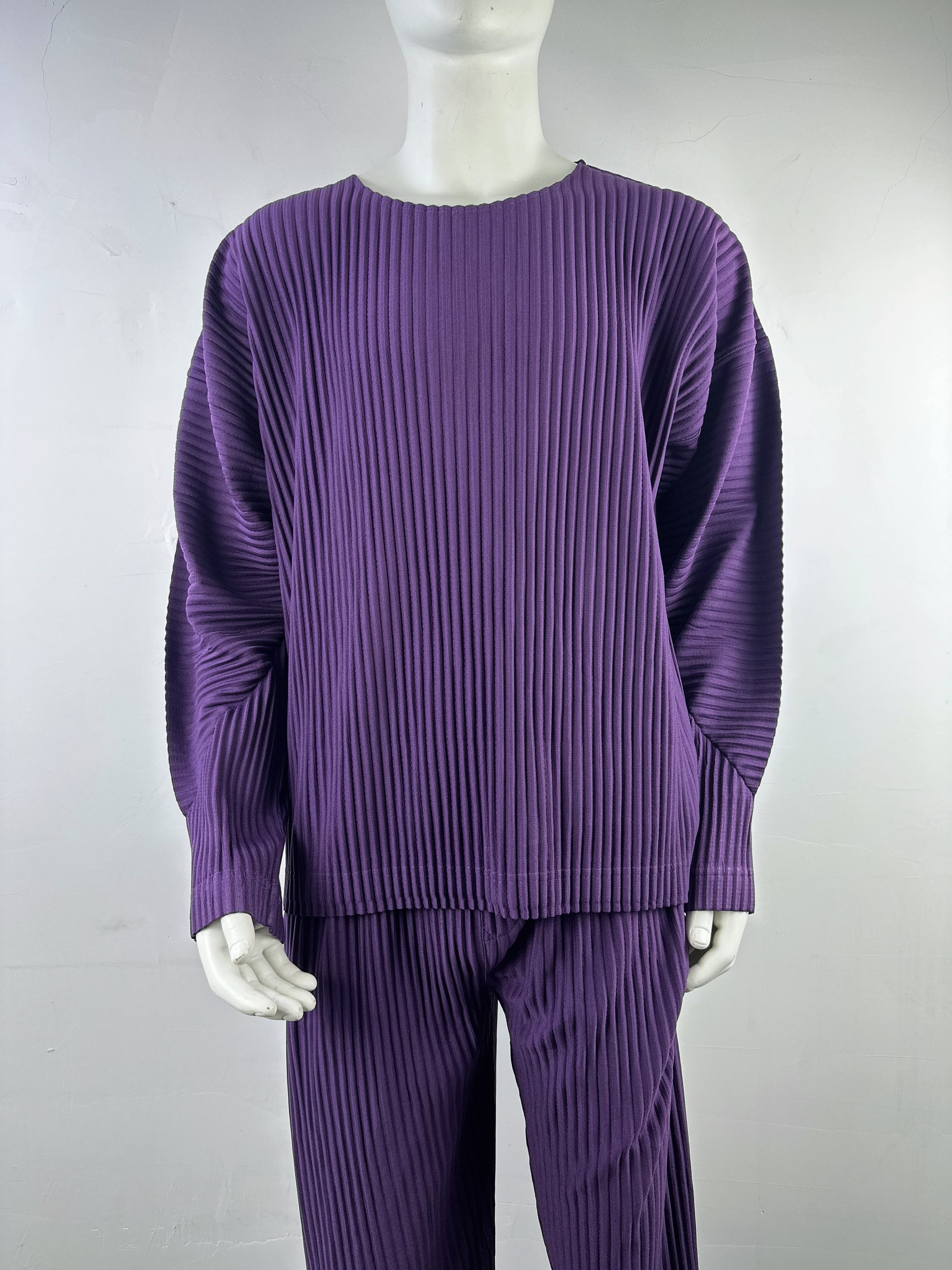 日本宅家褶皱男装长袖圆领T恤秋冬打底休闲宽松日系潮牌纯色JK021