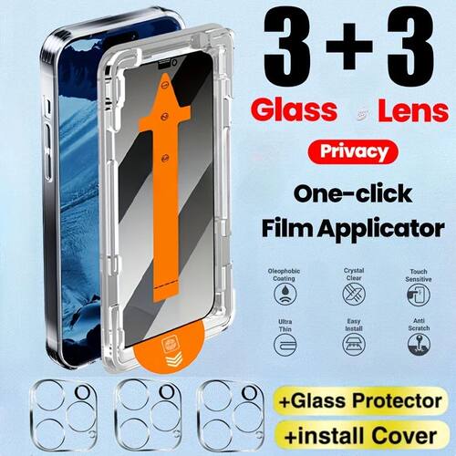 6in1 Privacy Tempered Glass For iPhone 17 16 14 15 13 12 11 Pro Max Camera Lens Protective Film