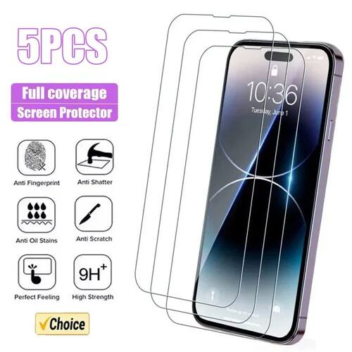 5Pcs Full Tempered Glass for iPhone 13 15 16 14 11 12 Pro Ma