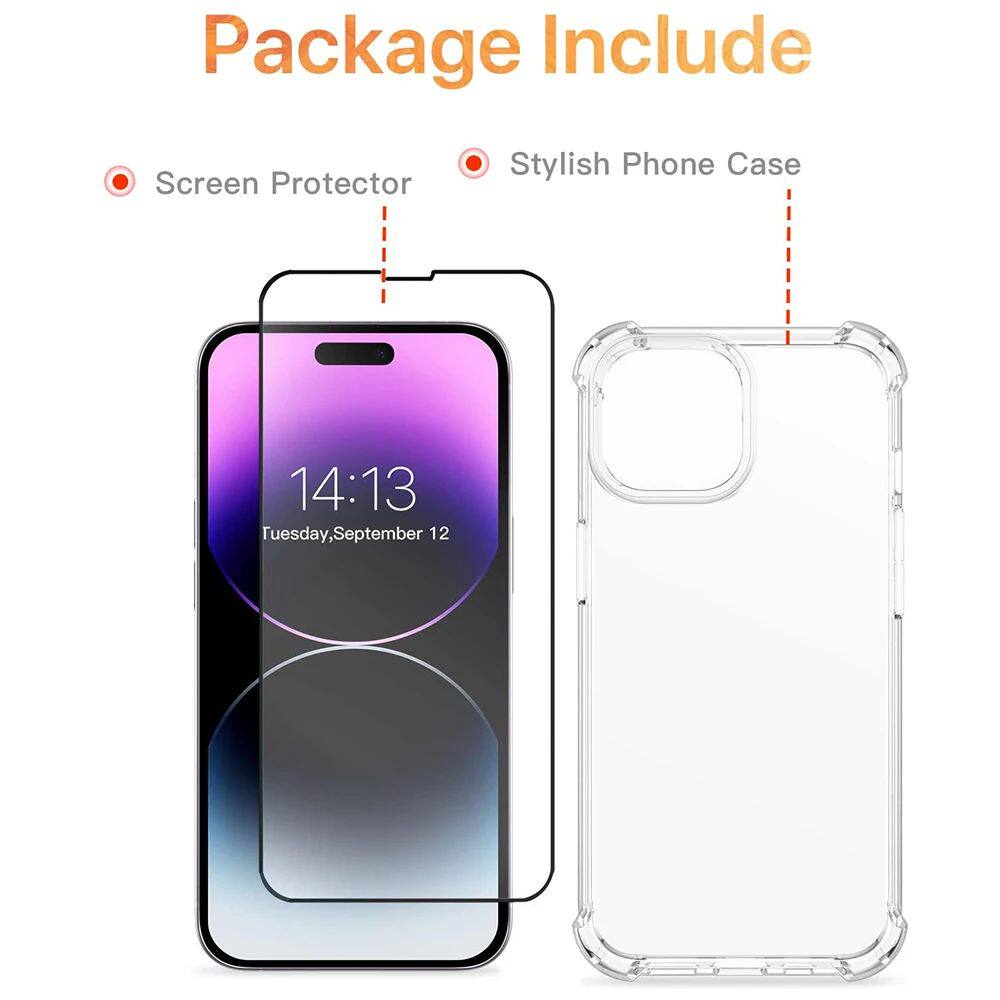Clear Phone Case For iPhone 14 13 12  Anti-Burst Screen Protector (Transparent Case+Tempered Glass)