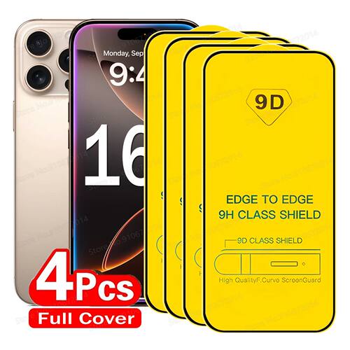 4PCS Full Cover 9D Glass For iPhone 16 15 14 11 12 13 Pro Ma