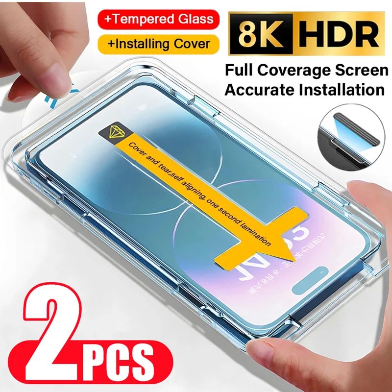 2PCS 8K High End Tempered Glass For IPhone Privacy Screen Protector with Alignment Mounting Cover