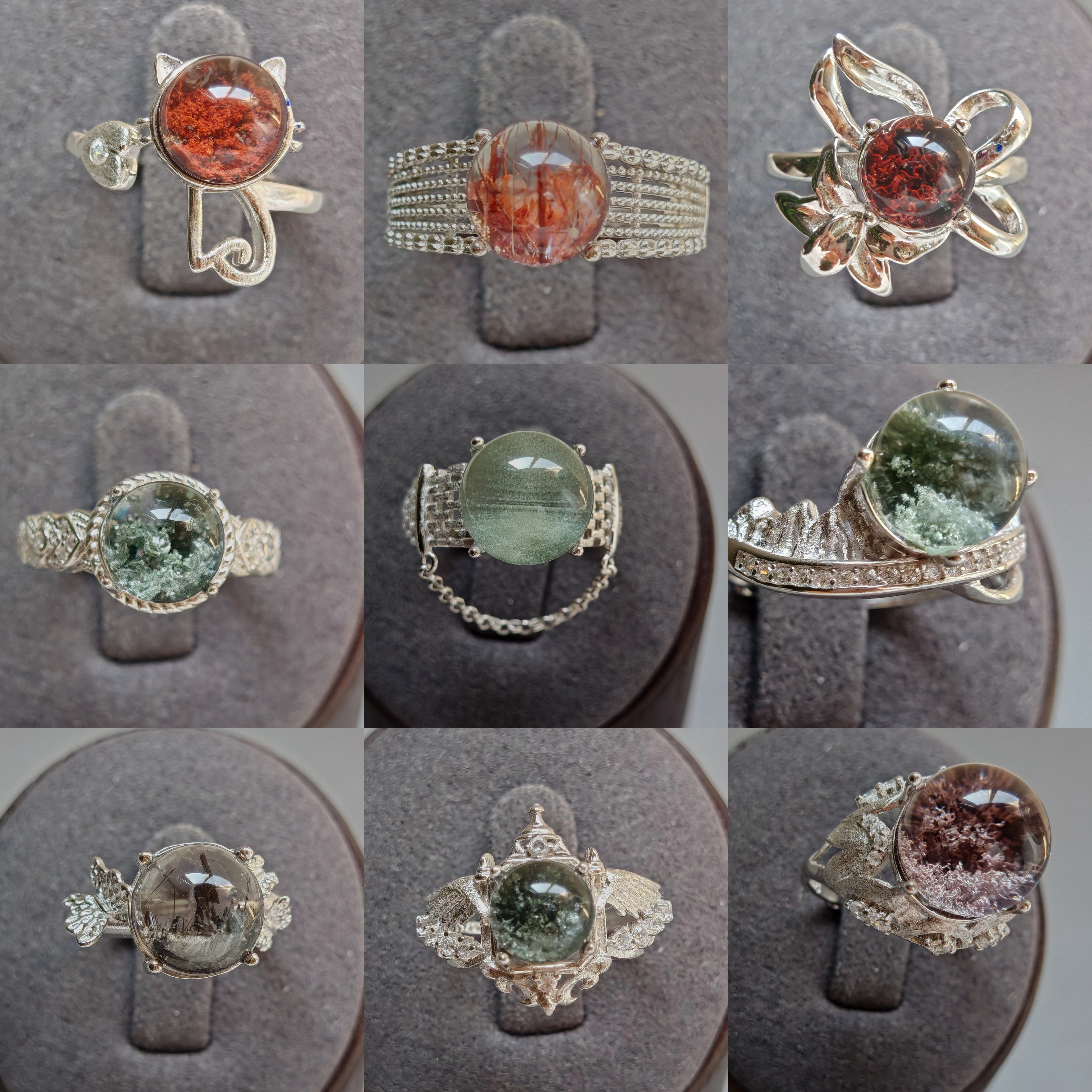 S925纯银镶天然绿幽灵红幽灵彩幽灵异象水晶戒指 活口指环孤品167