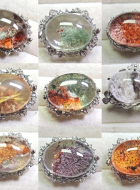 s925纯银镶嵌玫瑰花托天然彩幽灵绿幽灵DIY魔盒配件可做吊坠29