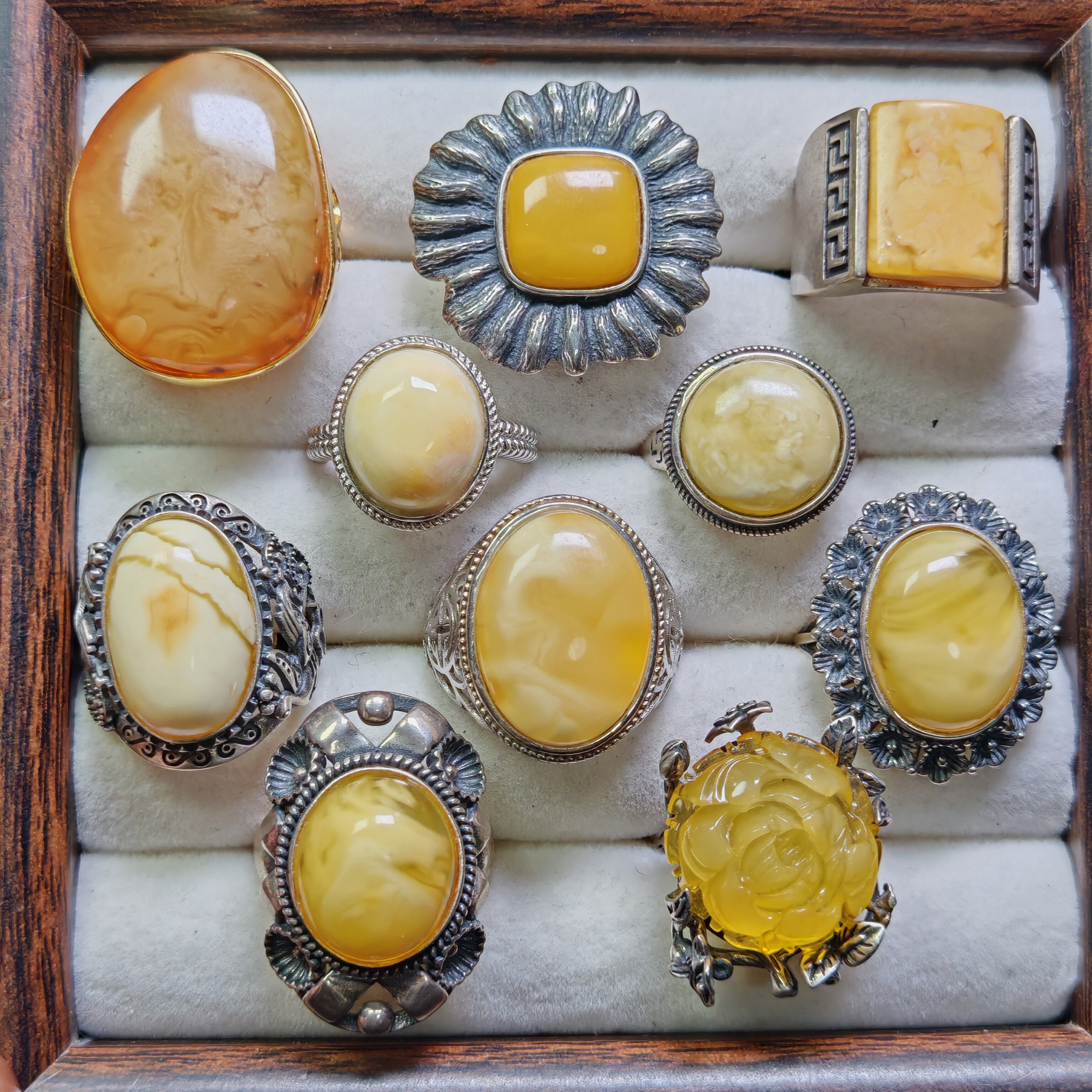 S925纯银镶嵌天然原矿俄料蜜蜡戒指指环妖花蜜蜡复古尼泊尔原创56