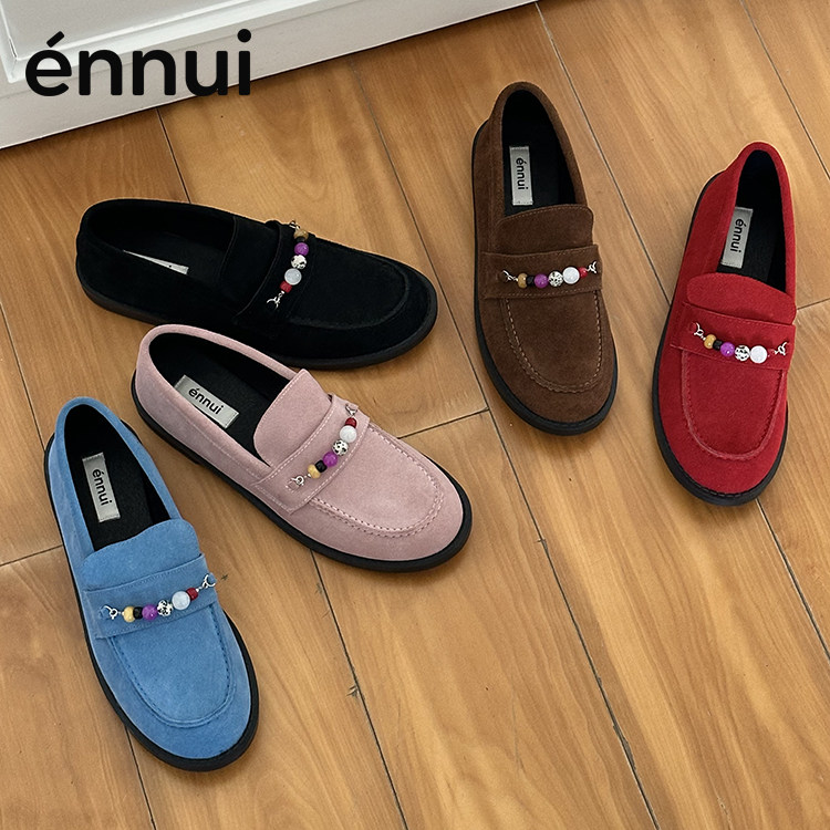 ennui 长期主义 真皮 纯色磨砂纯色手工串珠复古乐福鞋平底小皮鞋