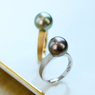 大溪地孔雀绿珍珠戒指S925银女戒正圆无暇极强光海水珠送女友礼物