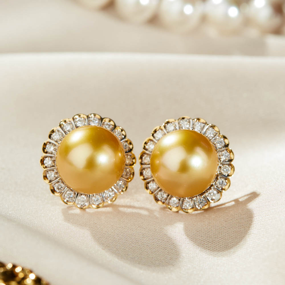 南洋金珠耳钉浓金色耳饰正圆无暇极强光海水珠耳针款耳环高级感女