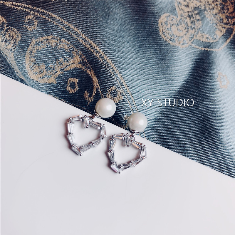 XY包邮韩版精致锆石珍珠甜美可爱心形气质小巧耳钉耳环百搭通勤