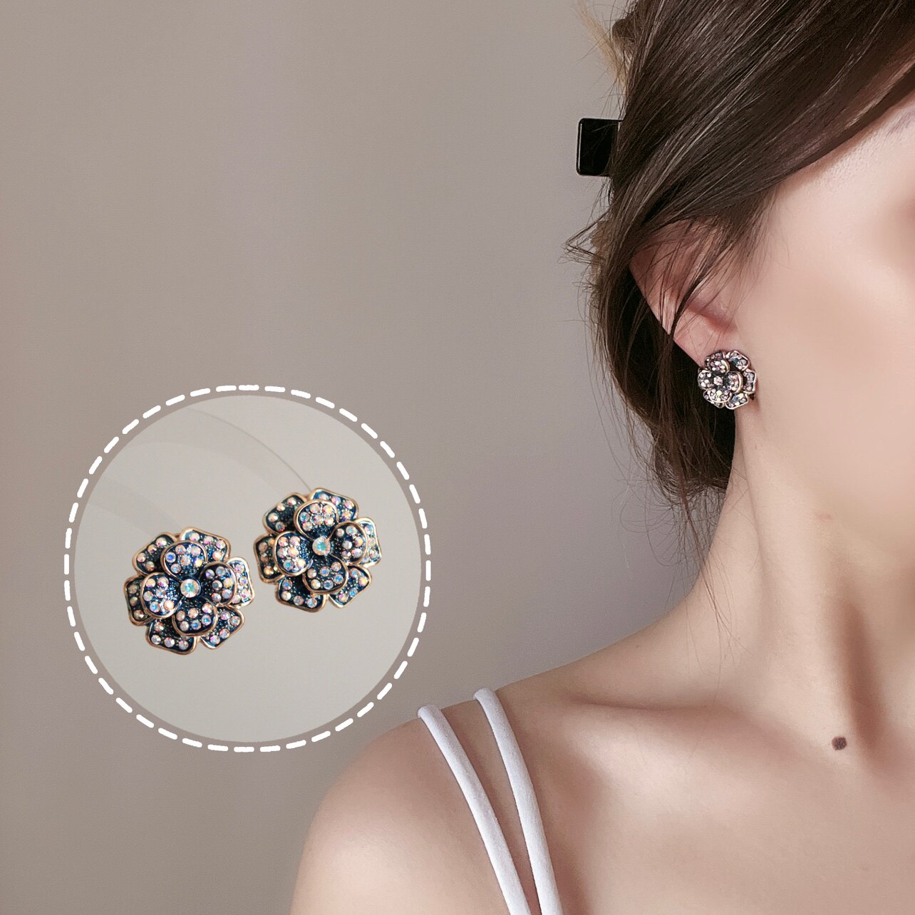 XY STUDIO包邮 韩版精致幻彩水钻花朵耳钉耳环耳夹气质优雅耳拍女