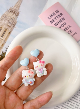 XY手作可爱kt猫咪耳环卡通爱心童趣耳钉耳饰儿童耳夹女软萌甜妹