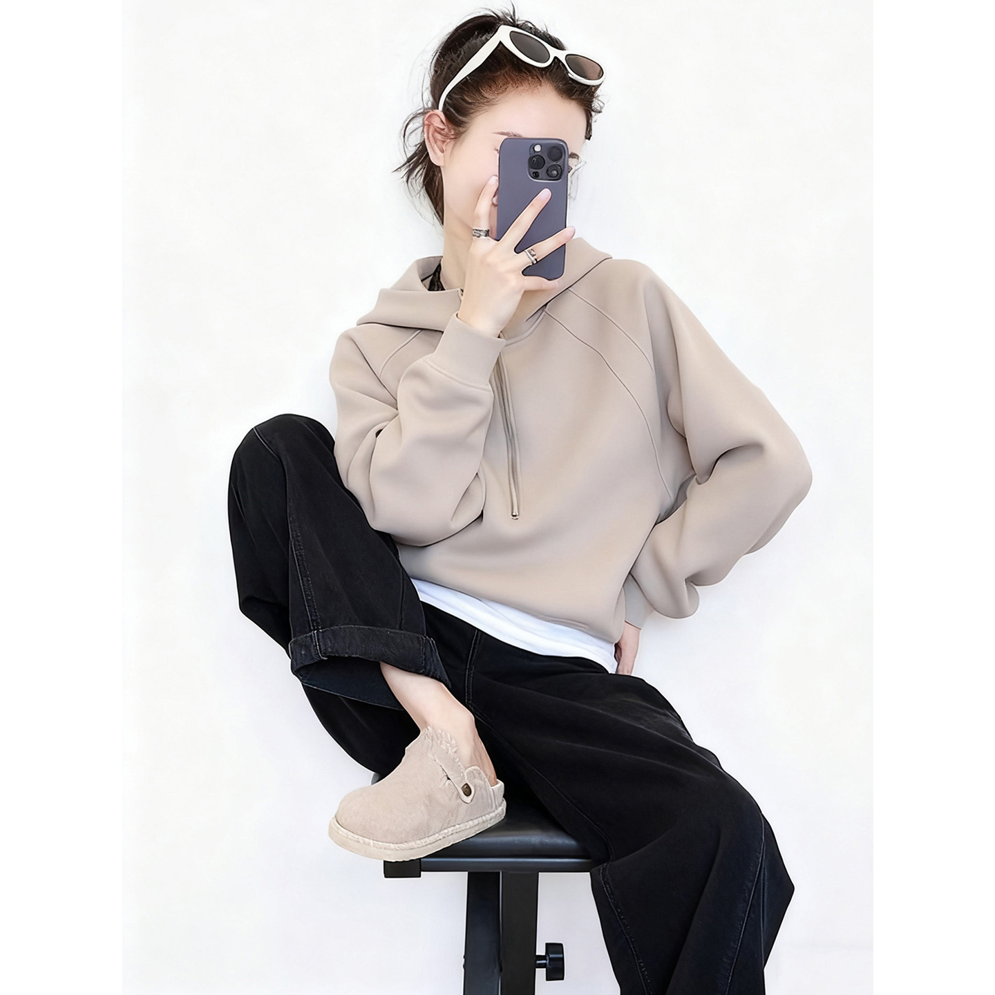 JOYIASS休闲风半拉链连帽卫衣牛仔裤套装女秋冬季宽松百搭洋气通