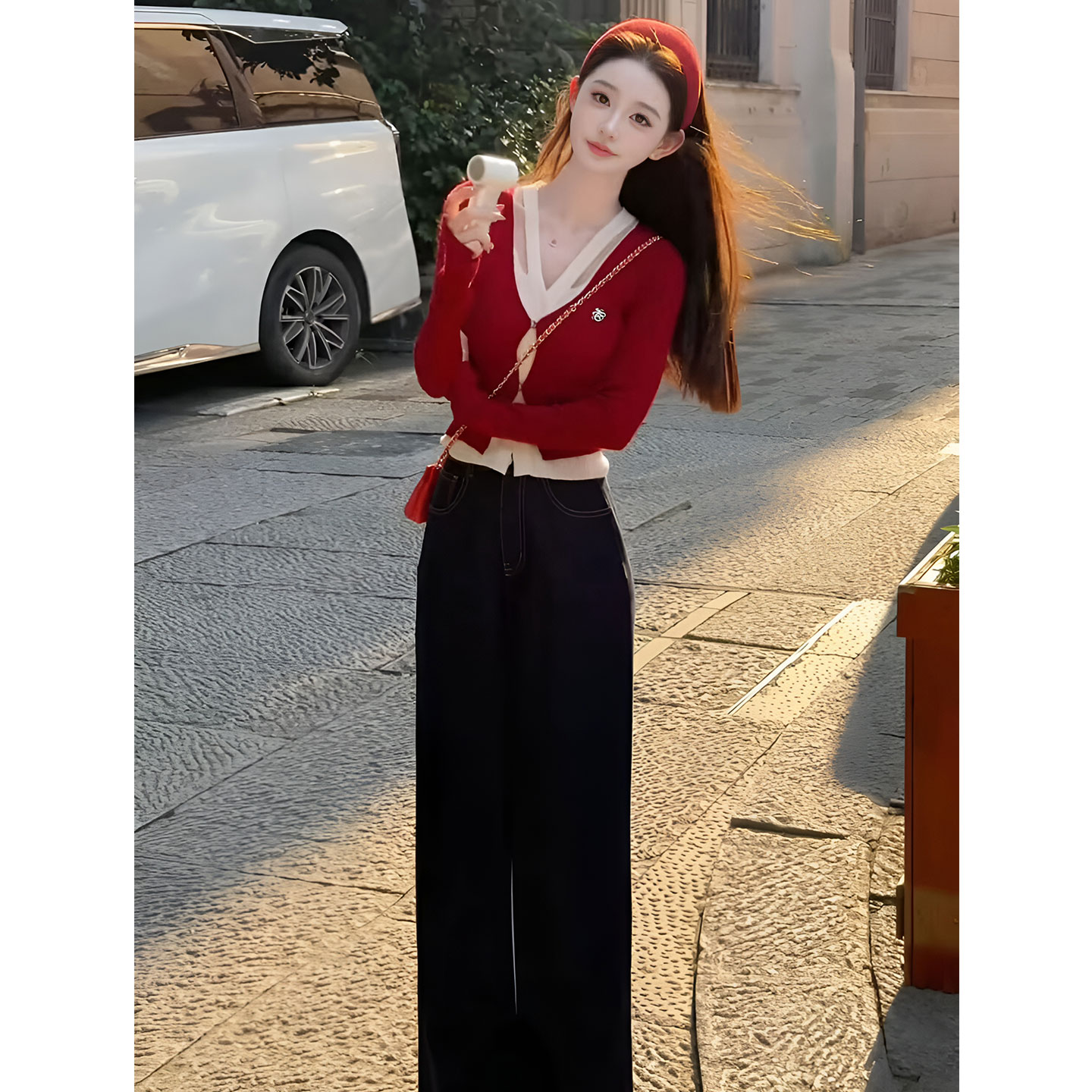 JOYIASS2025新款穿搭一整套秋日巨好看的小香风假两件上衣牛仔裤