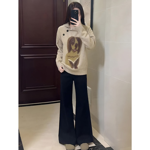 ROUMIKL秋冬小个子慵懒风设计感韩系卡通小狗针织毛衣高腰阔腿裤