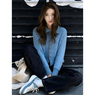 ROUMIKL巨好看的两件套初冬小个子一整套ootd穿搭蓝色条纹上衣牛