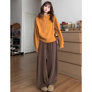ROUMIKL韩系chic半拉链连帽卫衣阔腿裤套装女秋冬季小个子高级感
