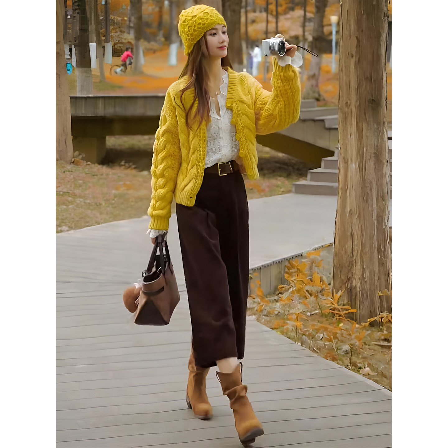ROUMIKL巨好看的秋装一整套黄色麻花针织开衫女+蕾丝内搭+棕色阔