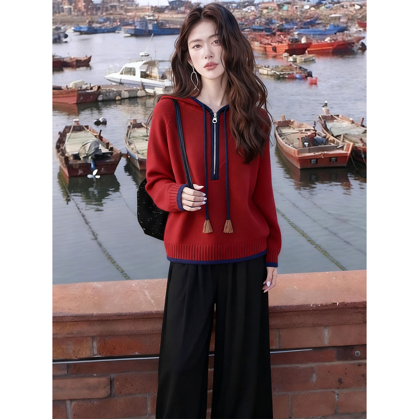 ROUMIKL小个子学院风连帽半拉链针织衫女秋冬休闲减龄长袖上衣阔