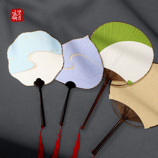 团扇空白手绘diy宣纸扇子绿色纸扇面古风紫竹长柄古风宫扇方蒲扇