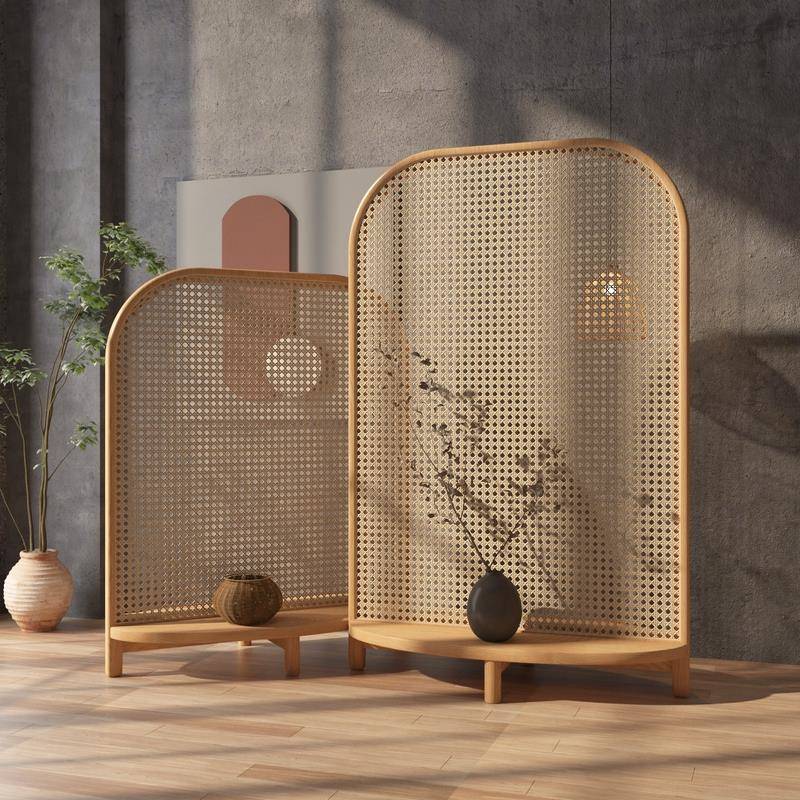 米悦日式实木藤编屏风隔断客厅入户玄关遮挡客厅卧室简约移动置物
