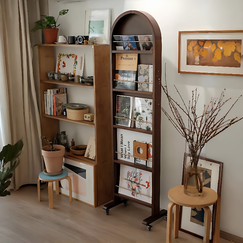 米悦中复古风实木全身穿衣镜可移动落地旋转书架杂志一体法式置物
