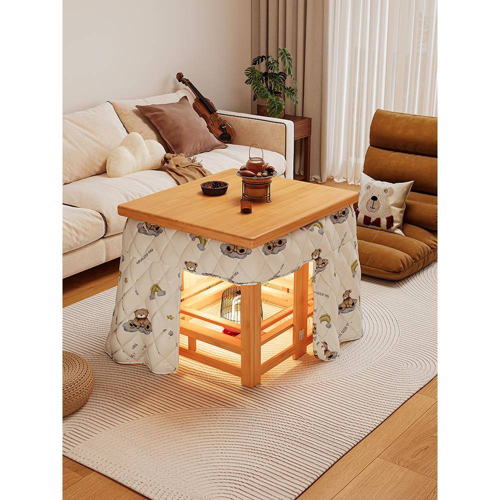 米悦实木烤火桌家用可折叠桌子餐桌冬季取暖桌茶几一体新款正方形