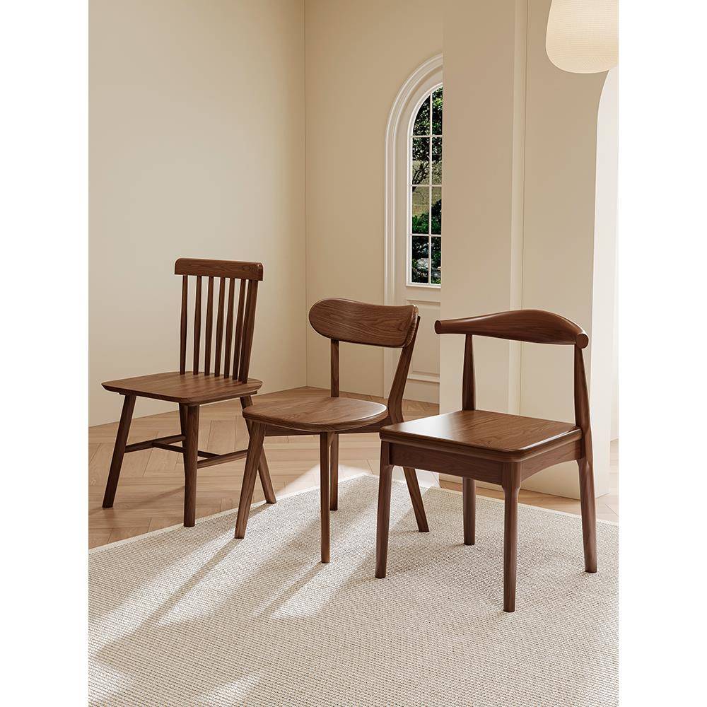 米悦实木餐椅家用中古餐桌椅子商用复古餐厅凳子靠背胡桃木茶桌温