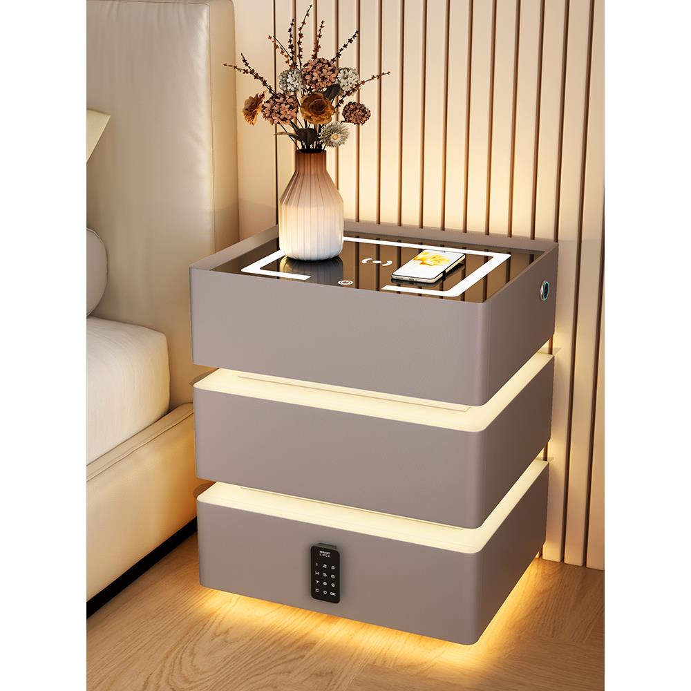 米悦三层三抽智能带灯床头柜家用卧室现代简约皮质实木大容量高床