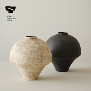 酒店样板间客厅花瓶 烟火黑侘寂风陶瓷花器 闻说WUSEI 粉引石纹