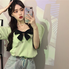 Real shooting and real price summer new design feeling positive and negative two wear bow short sleeve t-shirt female